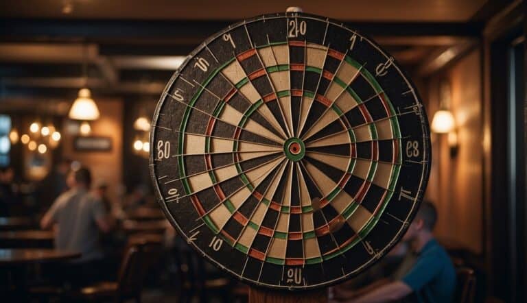 A dartboard hangs on a wall, surrounded by a cozy pub atmosphere. A group of beginners eagerly throw darts, aiming for the bullseye