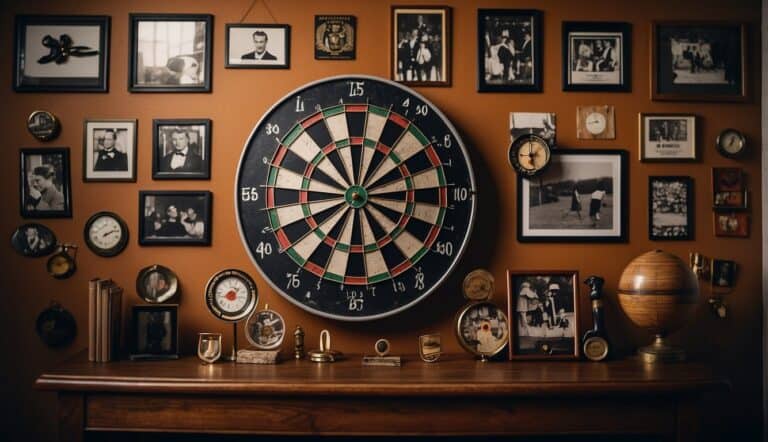 A dartboard hangs on a wall, surrounded by old photos and memorabilia. A set of darts is neatly arranged on a nearby shelf