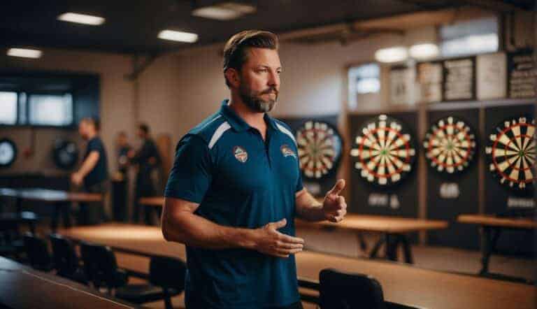 Darts players practicing drills in a well-lit training facility with multiple dartboards and scoreboards