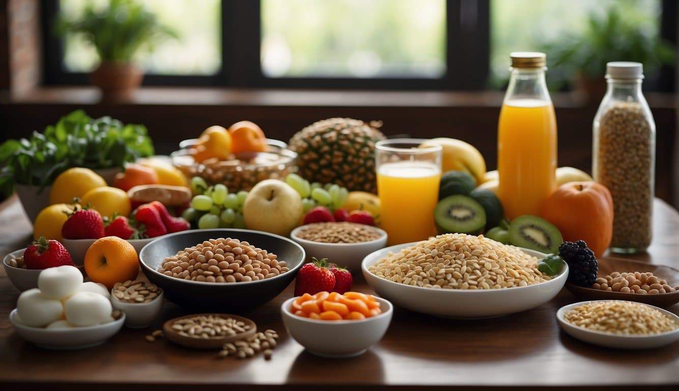 A table with a balanced diet of fruits, vegetables, lean proteins, and whole grains, alongside supplements and water bottles