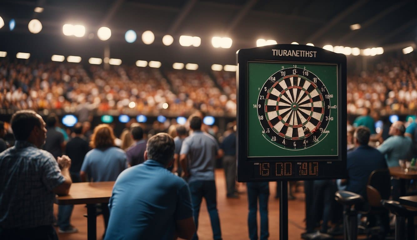 A crowded stadium with dartboards lined up, players aiming and throwing darts, and a large scoreboard displaying the tournament's name