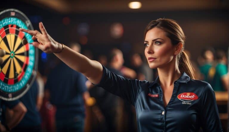 Women playing darts in a competitive setting, with focused expressions and precise throwing motions. The atmosphere is intense, with dartboards and spectators in the background