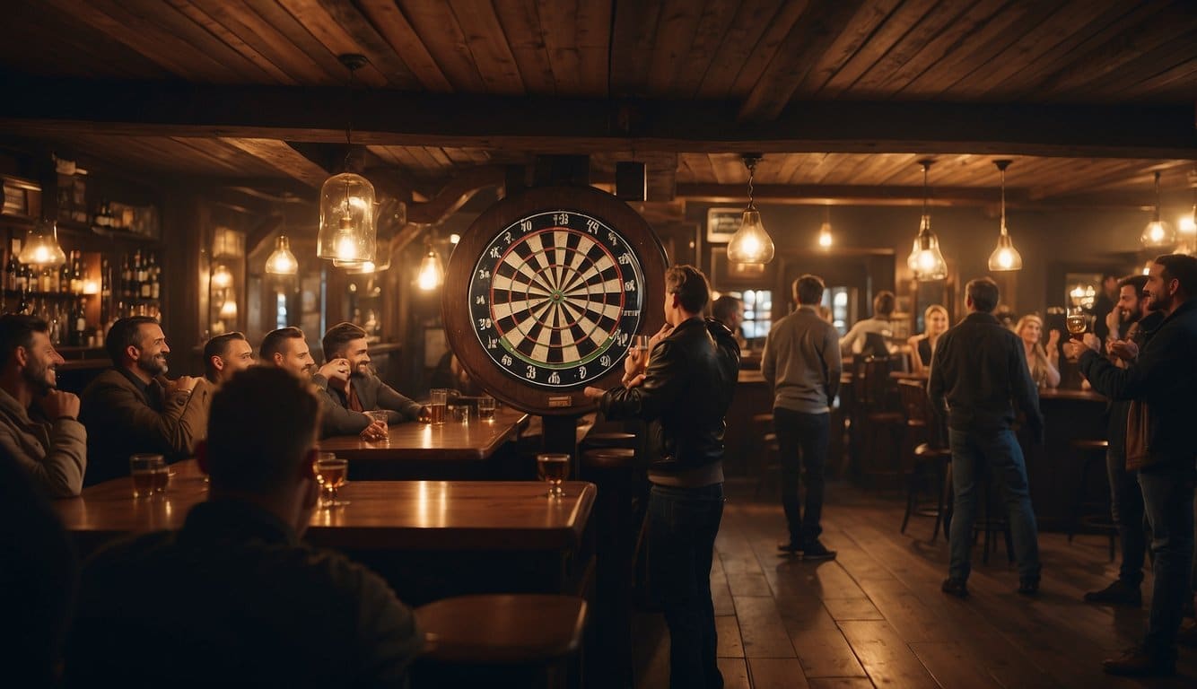 A dimly lit pub in Germany, with a dartboard hanging on the wall. A group of people in the background, cheering and clinking glasses