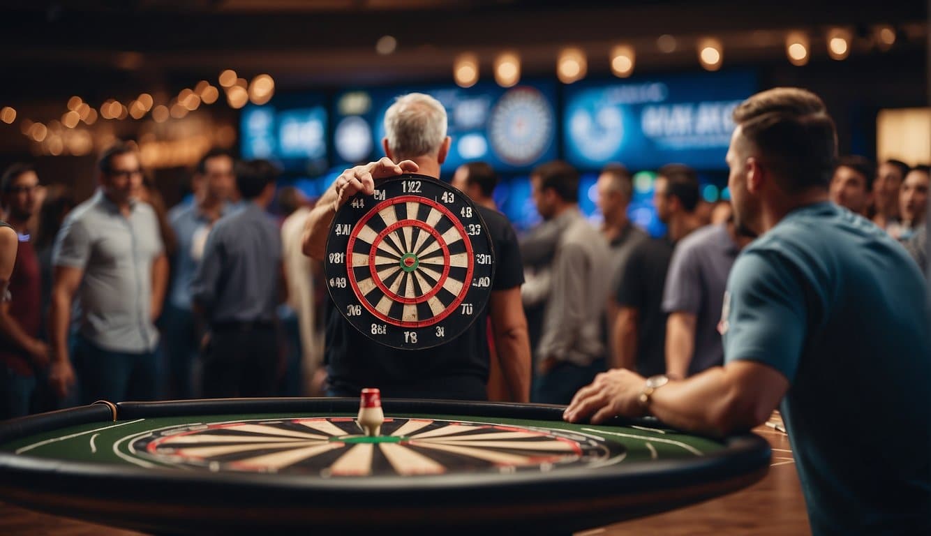 Players throwing darts at a board with numbered sections and a bullseye, surrounded by spectators and a scoreboard