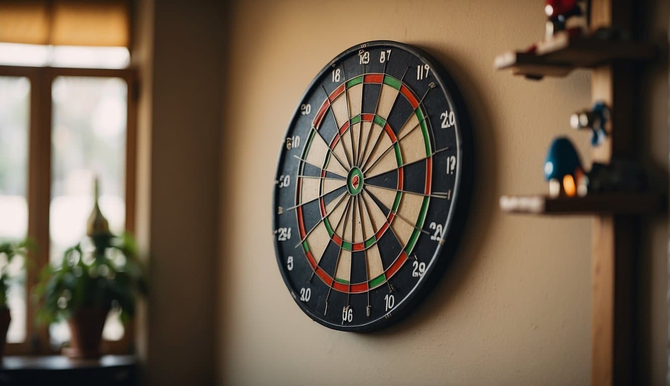 A dartboard hanging on a wall with a set of darts in a well-lit room