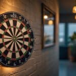 A dartboard made from sustainable materials hangs on a wall, surrounded by energy-efficient LED lighting. Recyclable darts rest in a biodegradable holder