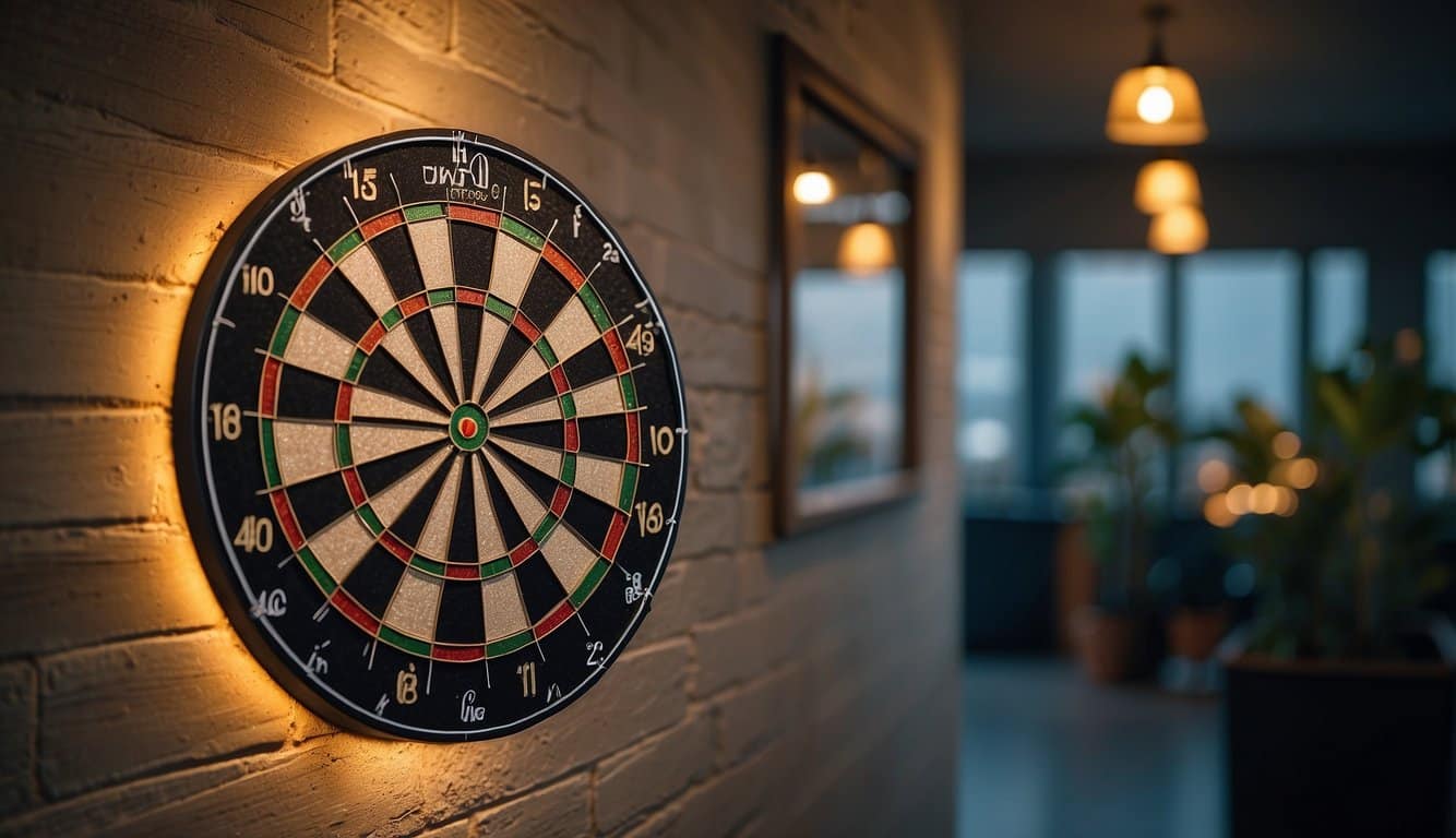 A dartboard made from sustainable materials hangs on a wall, surrounded by energy-efficient LED lighting. Recyclable darts rest in a biodegradable holder