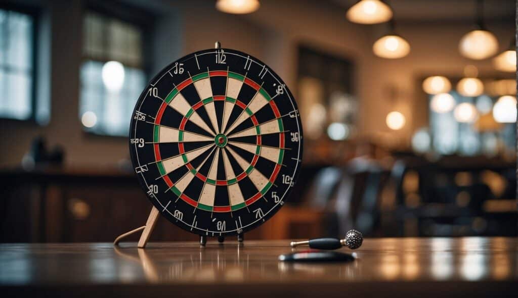 A dartboard hangs on a wall, surrounded by a well-lit room. Darts are scattered around, some in the board and others on the floor