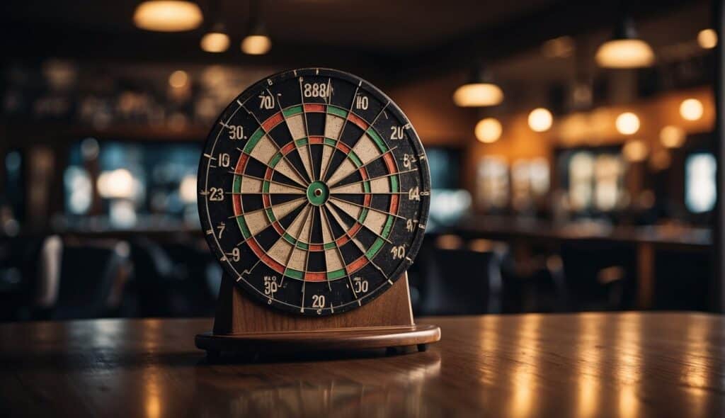 A dartboard hangs on a wall, surrounded by a small grouping of darts and a scoreboard. A beginner's guide to darts lays open on a nearby table