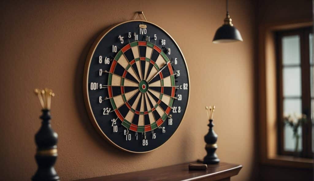 A dartboard hangs on a wall, surrounded by a few darts stuck in the bullseye and outer rings. A score sheet and a set of darts are placed nearby