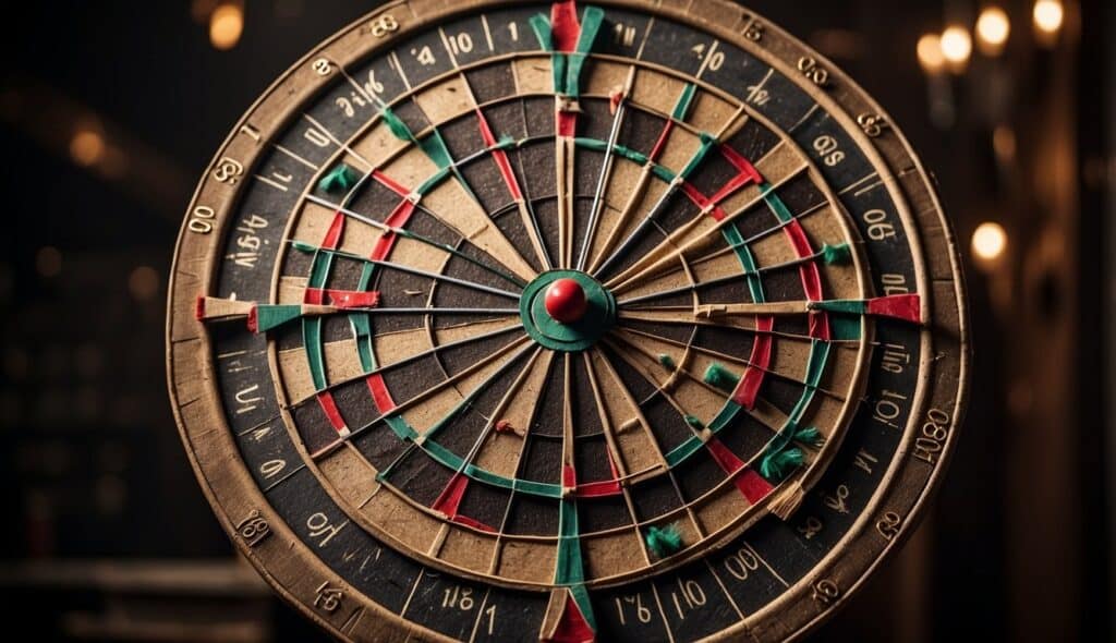 A dartboard surrounded by historical artifacts and timelines, showing the origins and evolution of the sport of darts