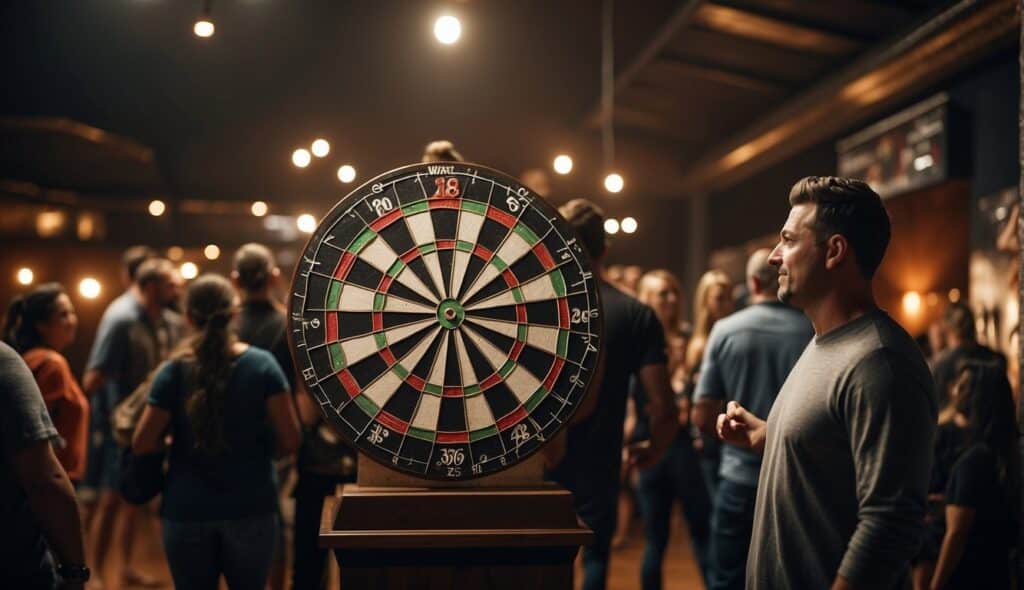 A dartboard hangs on a wall, surrounded by trophies and memorabilia. A group of players competes in a brightly lit arena, while a crowd watches eagerly