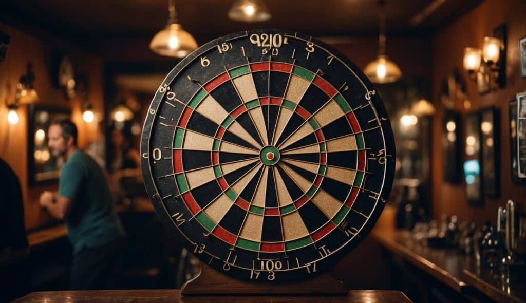 A dartboard hangs on a wall in a dimly lit pub, surrounded by vintage posters and trophies. A group of people are playing darts, while others watch and cheer