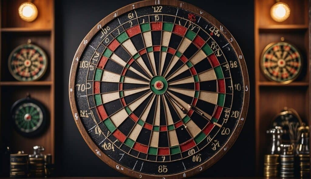 A dartboard hangs on a wall, surrounded by various types of darts and equipment used throughout the history of the sport