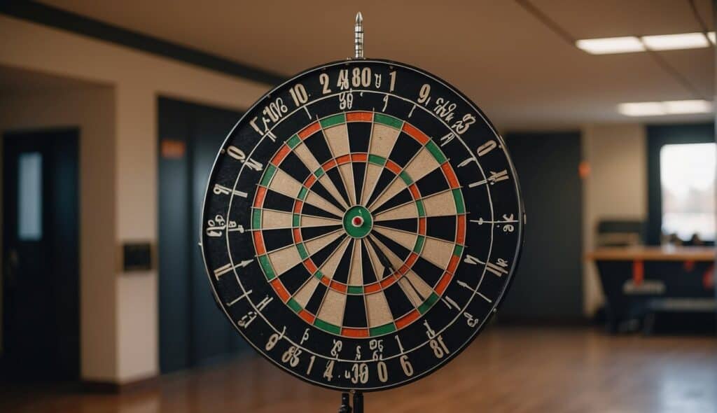 A dartboard hangs on a wall, surrounded by a well-lit room. Darts are scattered on the floor, and a scoreboard is visible in the background