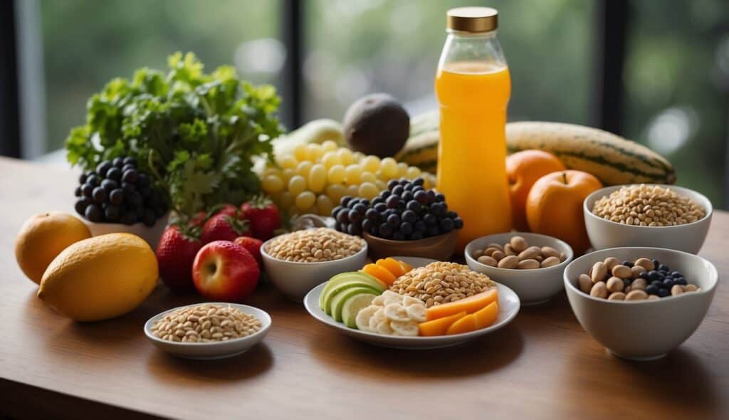 A table set with a balanced meal of lean protein, whole grains, fruits, and vegetables, alongside a water bottle and sports supplements