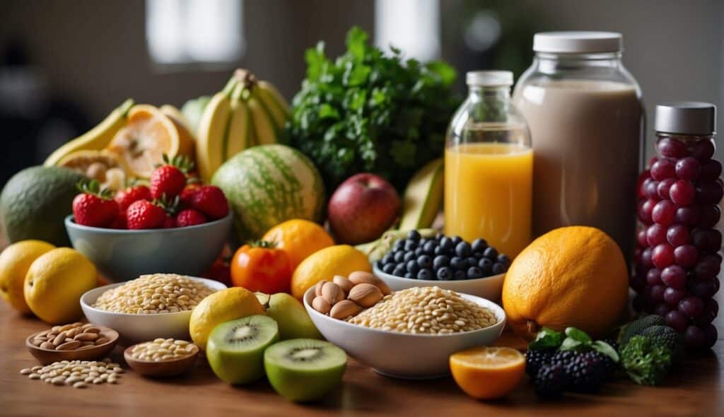 A variety of fresh fruits, vegetables, lean proteins, and whole grains arranged neatly on a table, with a water bottle and sports supplements nearby