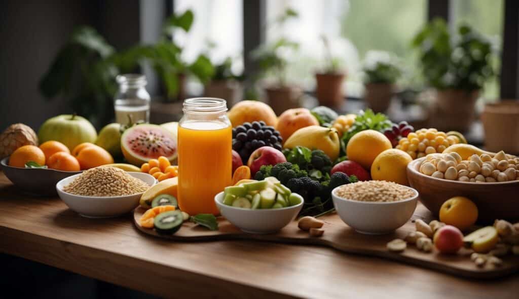 A table with a variety of nutrient-rich foods, such as fruits, vegetables, lean proteins, and whole grains, alongside water bottles and sports supplements