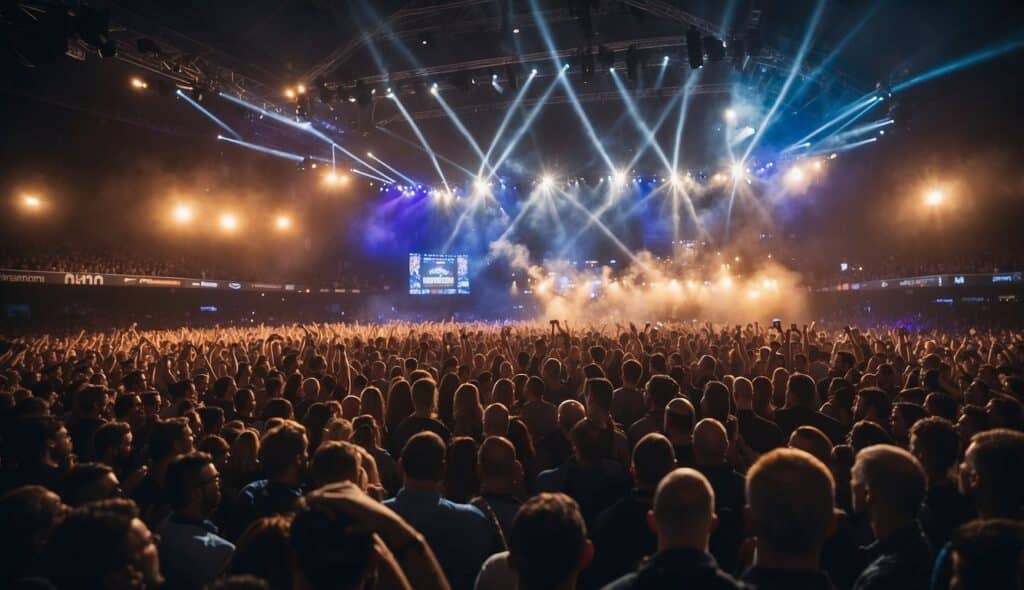 A crowded arena at a PDC Major darts tournament with players on stage, fans cheering, and a lively atmosphere