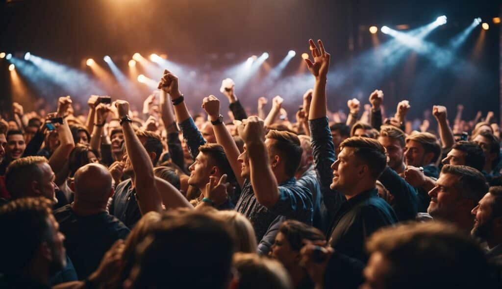 A crowded darts tournament with players competing on a brightly lit stage, surrounded by enthusiastic fans and a buzzing atmosphere