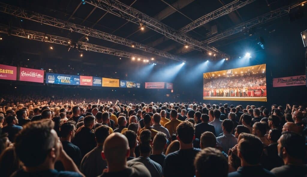 A crowded darts tournament with players competing on a stage, surrounded by cheering fans and colorful banners