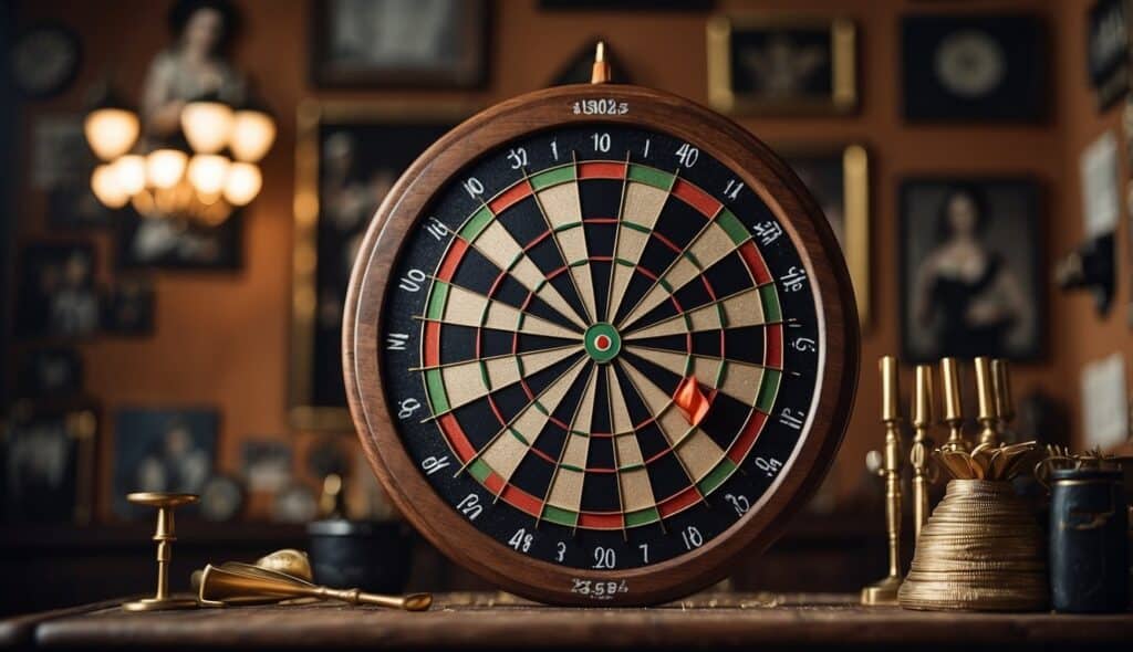 A dartboard with women's darts equipment, surrounded by historical images of women in darts