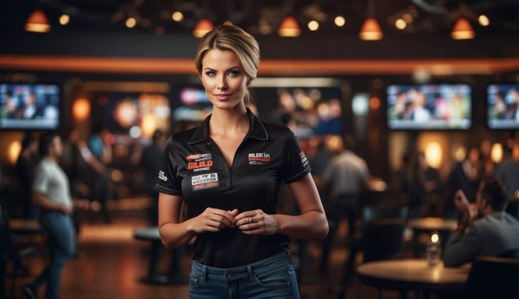 Women in darts, surrounded by media and commercial elements, with logos and advertisements in the background