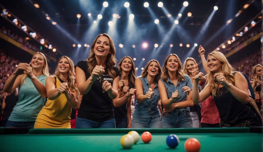 A group of female dart players compete in a bright, modern arena, surrounded by cheering fans and colorful banners