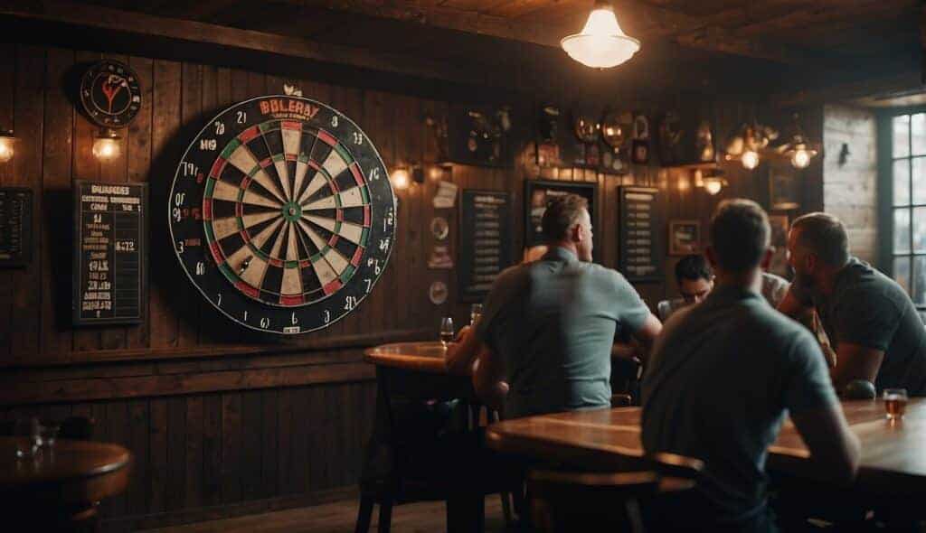 A group of people playing darts in a cozy German pub, with a dartboard hanging on the wall and a scoreboard nearby. The atmosphere is lively and competitive, with players aiming for the bullseye