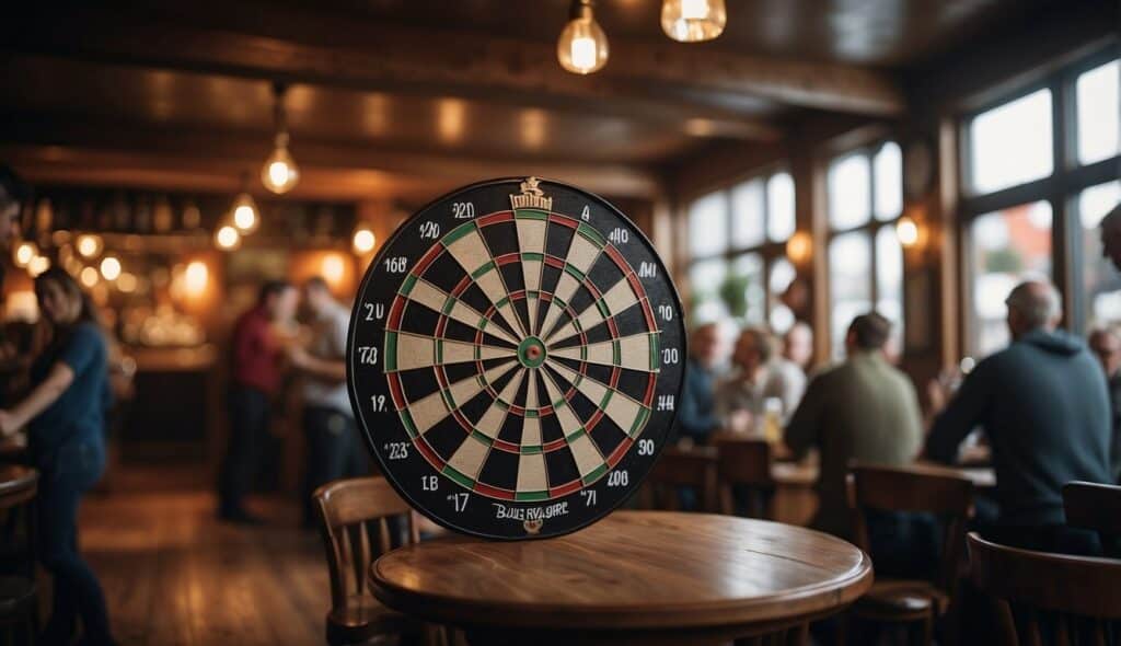 A dartboard hangs on the wall of a cozy German pub, surrounded by cheering spectators. A competitive atmosphere fills the room as players aim for the bullseye