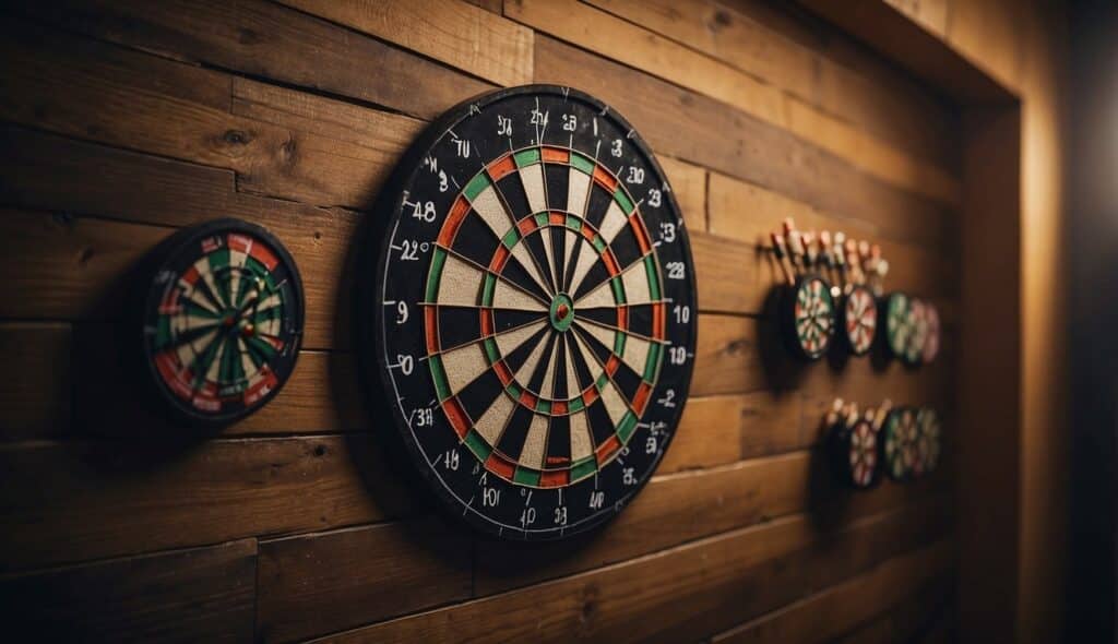 A dartboard hangs on a wall, surrounded by various darts and game instructions