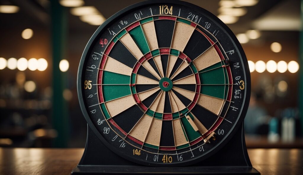 A dartboard with numbered sections and a bullseye, surrounded by a throwing line and players' scores displayed on a chalkboard