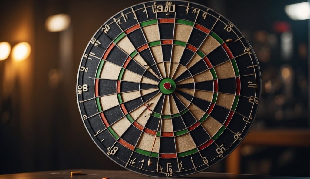 A dartboard hangs on a wall, surrounded by a well-lit room. Darts of various colors are scattered around the board, and a scoreboard is visible nearby