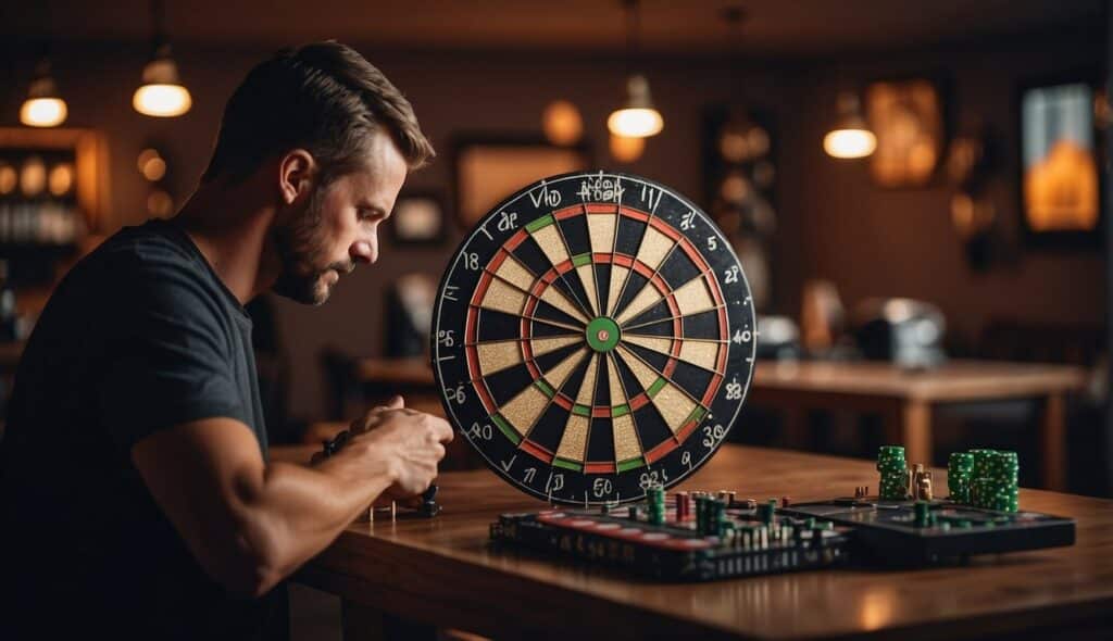 A person selecting dart products for home dart game setup