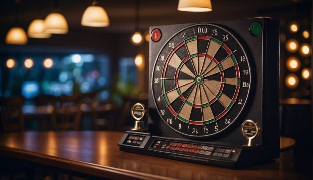 A home dart game area setup with a dartboard, surrounding lighting, and a scoreboard