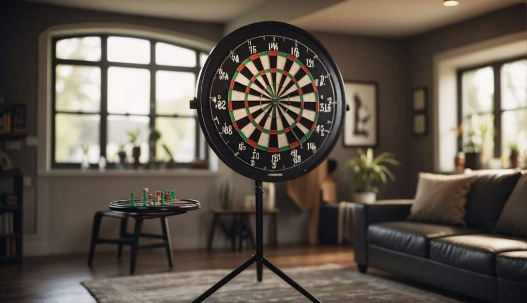 A home dart game setup with integrated technology and online services