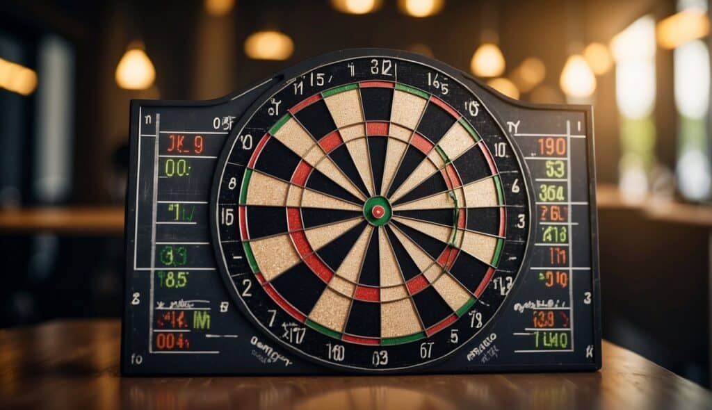 A dartboard surrounded by eco-friendly materials, with recyclable darts and a reusable scoreboard, promoting sustainability in the sport