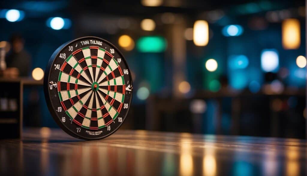 A dartboard made from sustainable materials hangs on a wall, surrounded by energy-efficient LED lights. Recyclable dart flights and biodegradable dart shafts are scattered on the floor