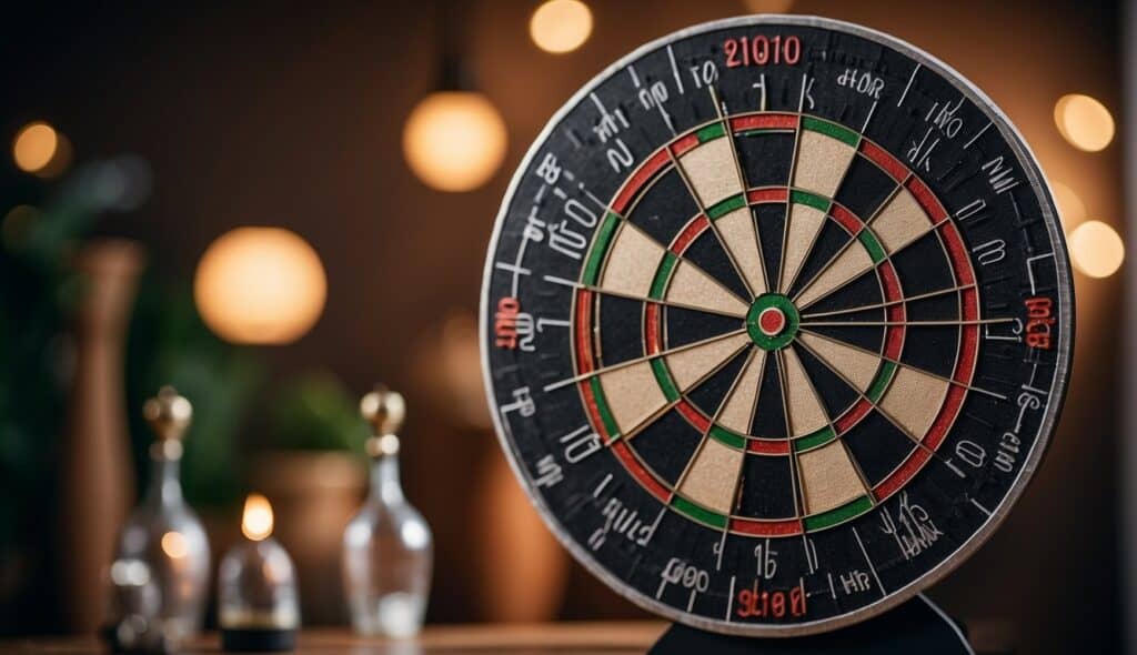 A dartboard surrounded by eco-friendly materials, symbolizing sustainability in darts. Recyclable packaging and energy-efficient lighting highlight the sport's commitment to environmental responsibility