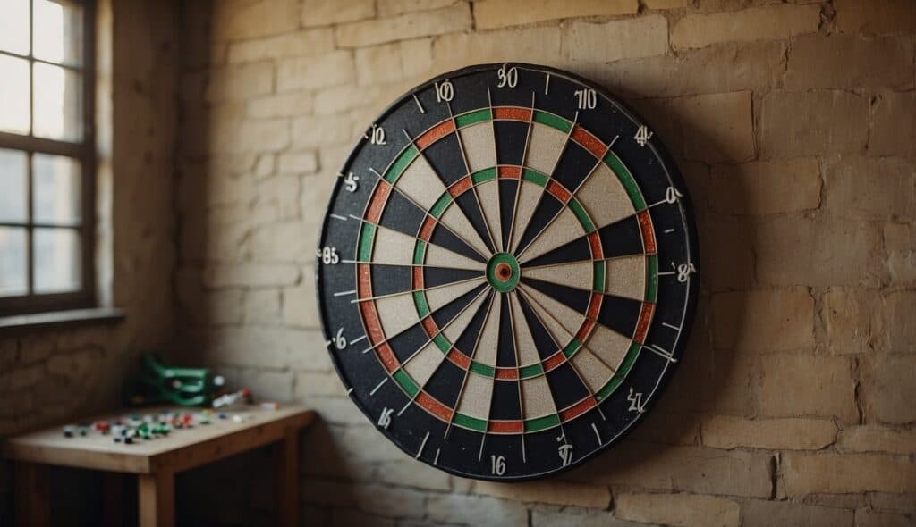 A dartboard made from sustainable materials hangs on a wall, surrounded by eco-friendly darts and a recycling bin for used equipment